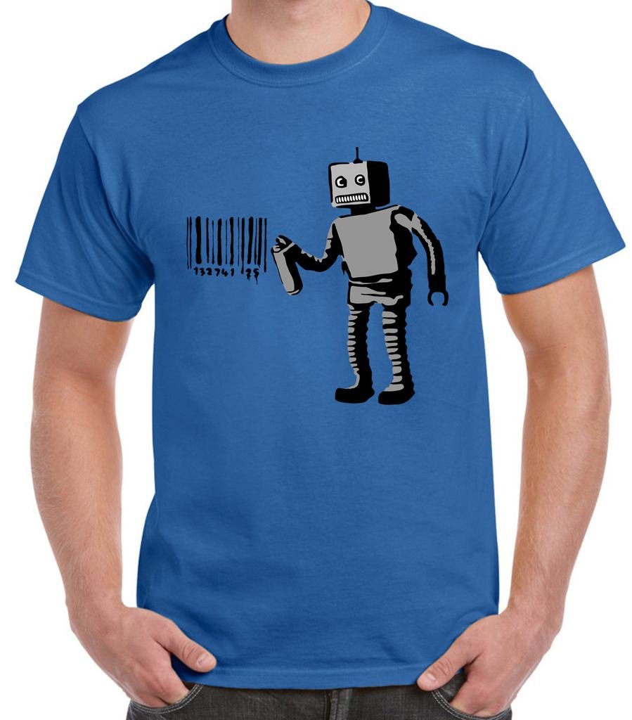 Banksy Robot Barcode Men's T-Shirt (Medium, Royal Blue)