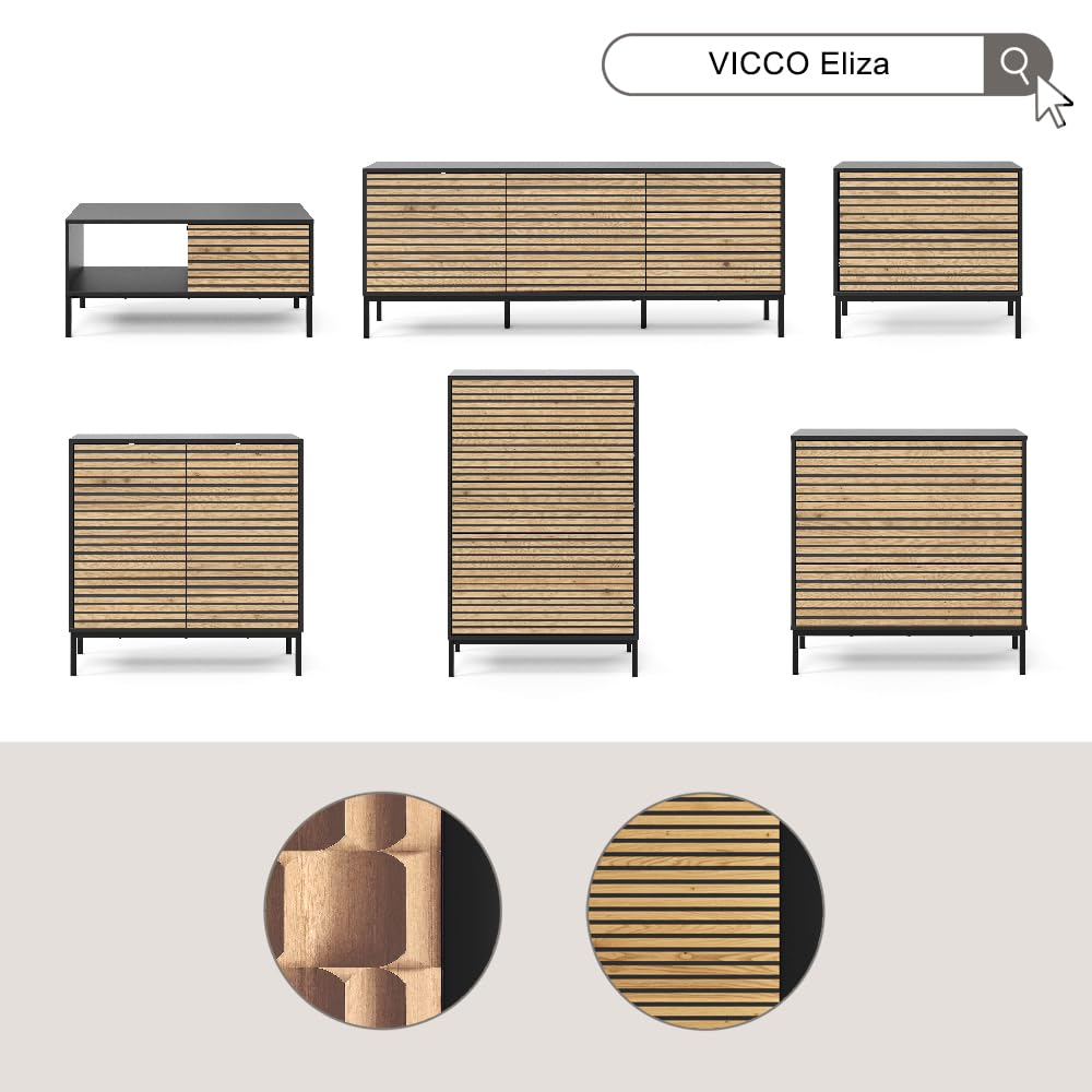 Vicco Kommode Eliza, Goldkraft Eiche/Anthrazit, 80 x 81.2 cm mit 2 Türen, Push-to-Open Mechanismus und pflegeleichter Oberfläche