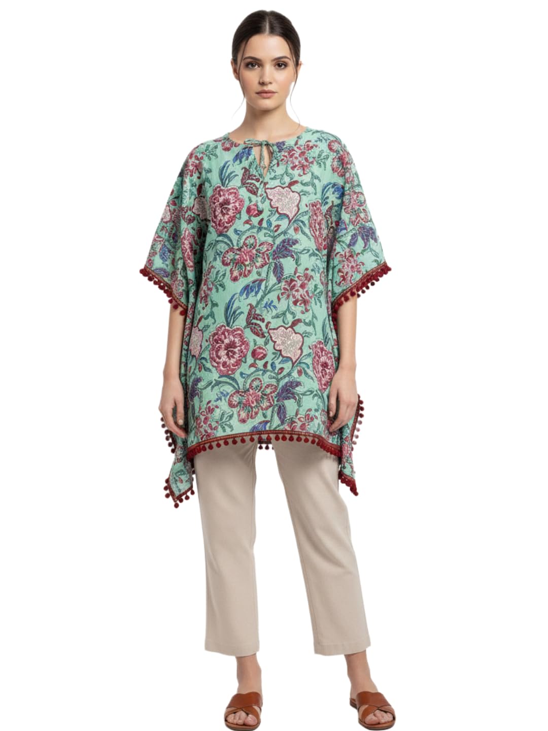 Cotton Floral Printed Kaftan, Mint Green with Pom-Pom Trim, Keyhole Neck, Relaxed Fit-image-31