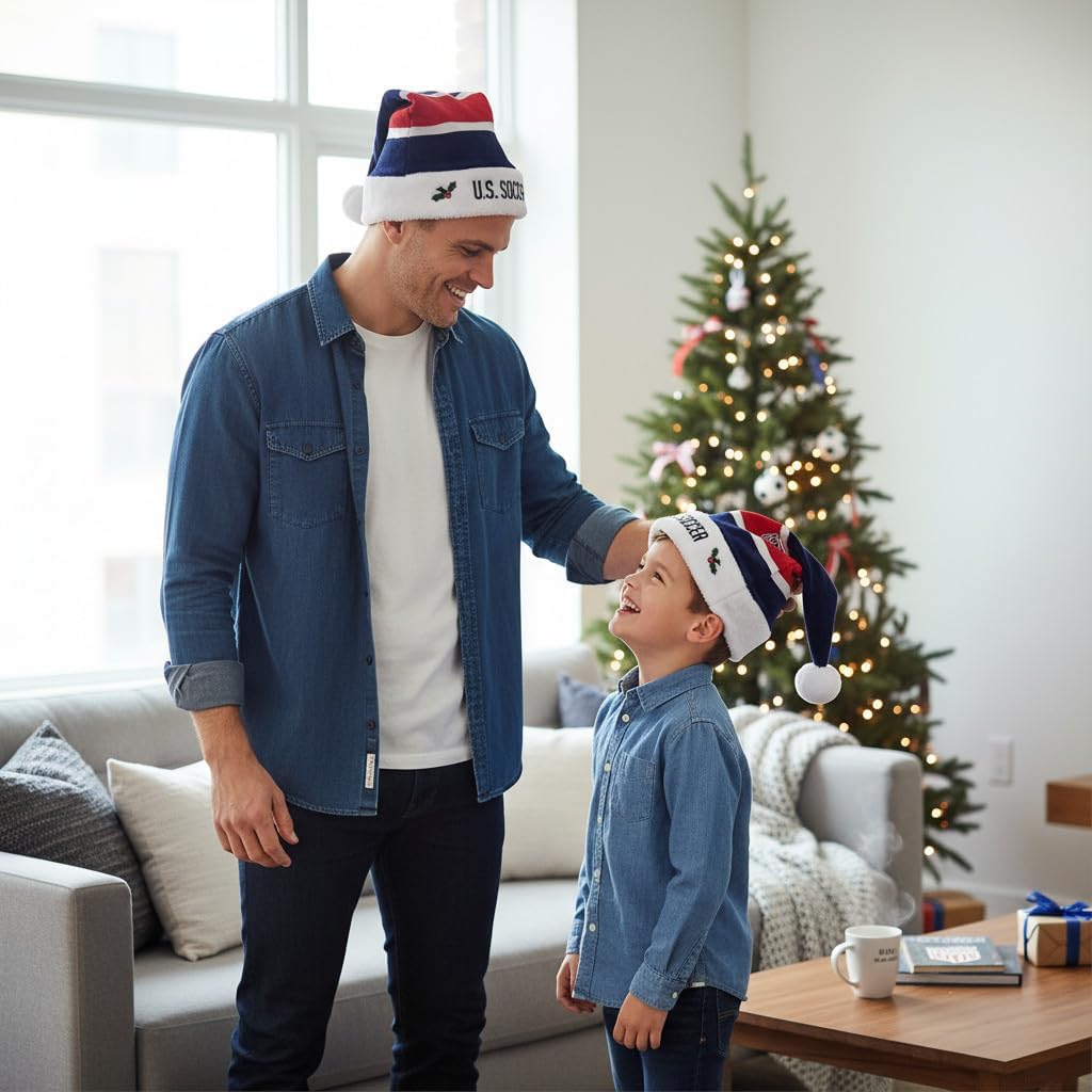 FOCO USA Men’s Soccer 2025 Embroidered Santa Hat – Official USMNT Novelty Christmas Holiday Hat with Team Logo – Fun Unisex Team USA Holiday Attire for Parties, Photos, and Games – Licensed Fan Gear