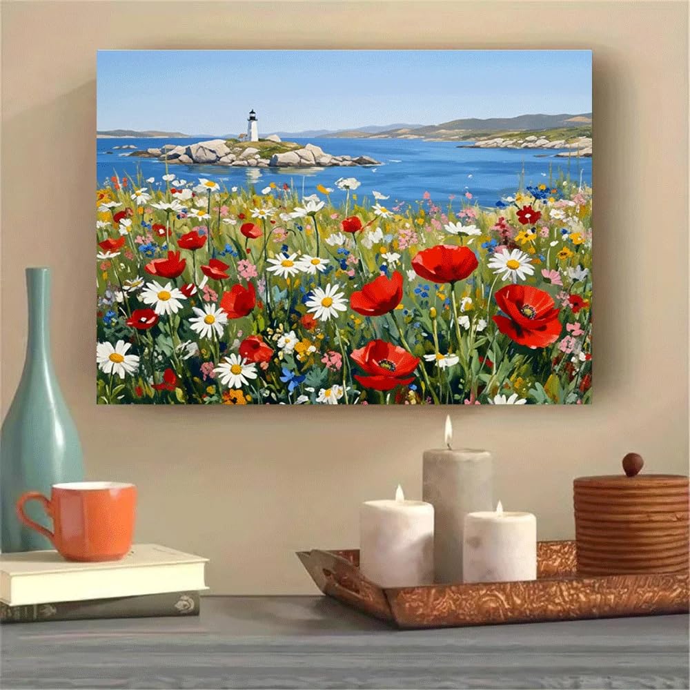 GKUVBF Affiche murale décorative représentant un phare côtier estival, des fleurs sauvages et une vue sur l'océan (60 x 80 cm avec cadre intérieur).