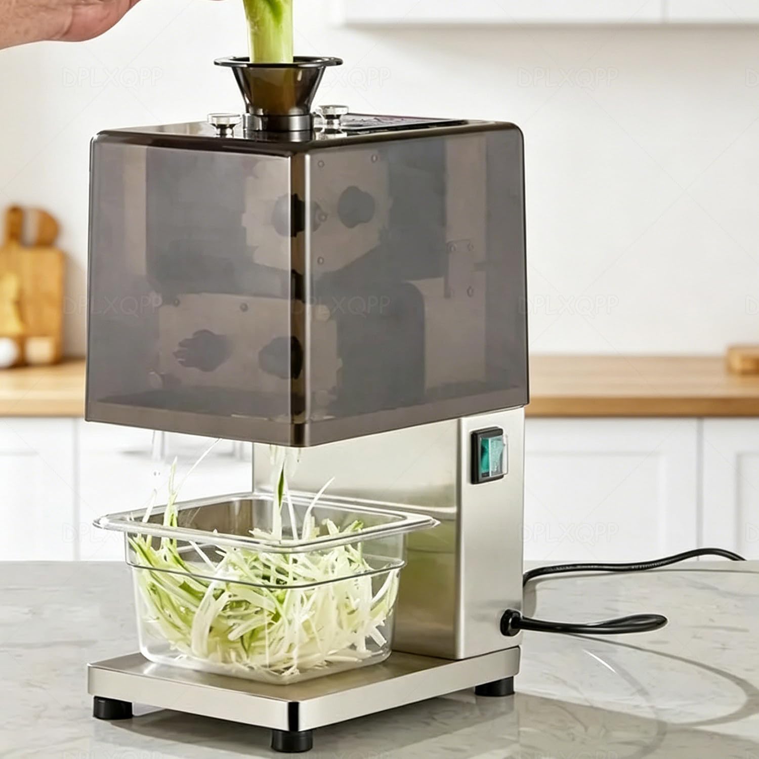 DPLXQPP Electric Green Onion Shredder,Commercial Green Onion Cutter 200w 700 Rpm,Stainless Steel Scallion Shredder for Celery,Chili, Leek, Long Beans,4 Blade Sizes (1.8/2.3/3.5/4.5 Mm),50 Kg/H 4.5mm