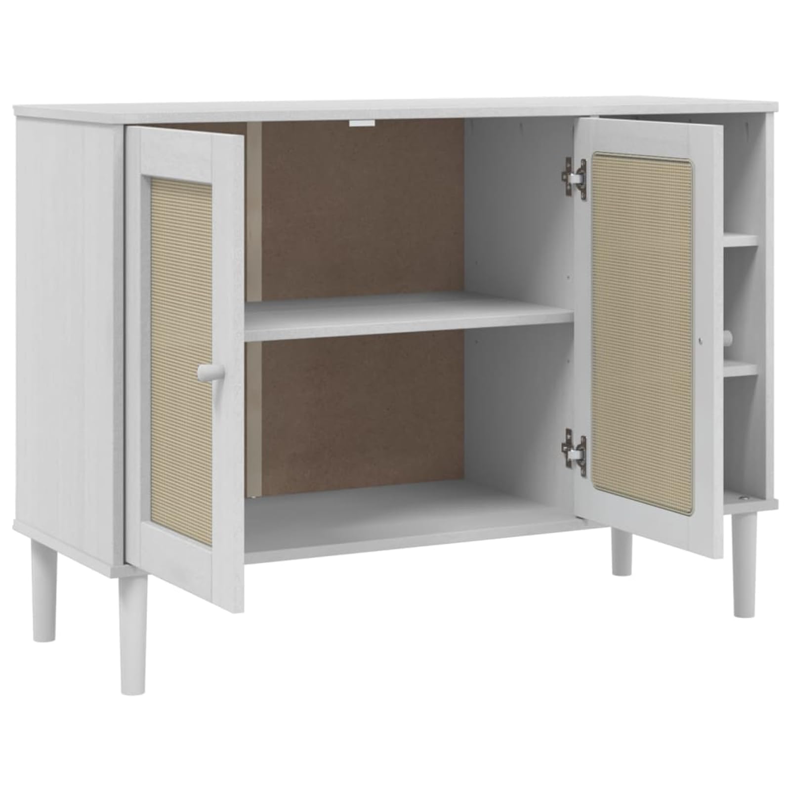 Credenza SENJA, effetto rattan, bianco, 112 x 40 x 80 cm, in legno di pino massiccio con verniciatura UV, 5 scomparti e 2 ante, per soggiorno, corridoio e sala da pranzo