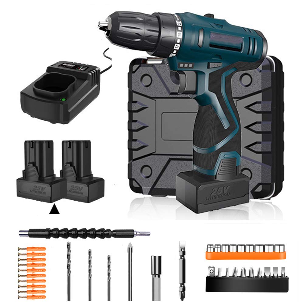 Sdydsge One Color Drill， Electric Screwdriver Set Rechargeable Multifunction Cordless Drill 2 X Li Battery Complete Sleeve Bit Accessories
