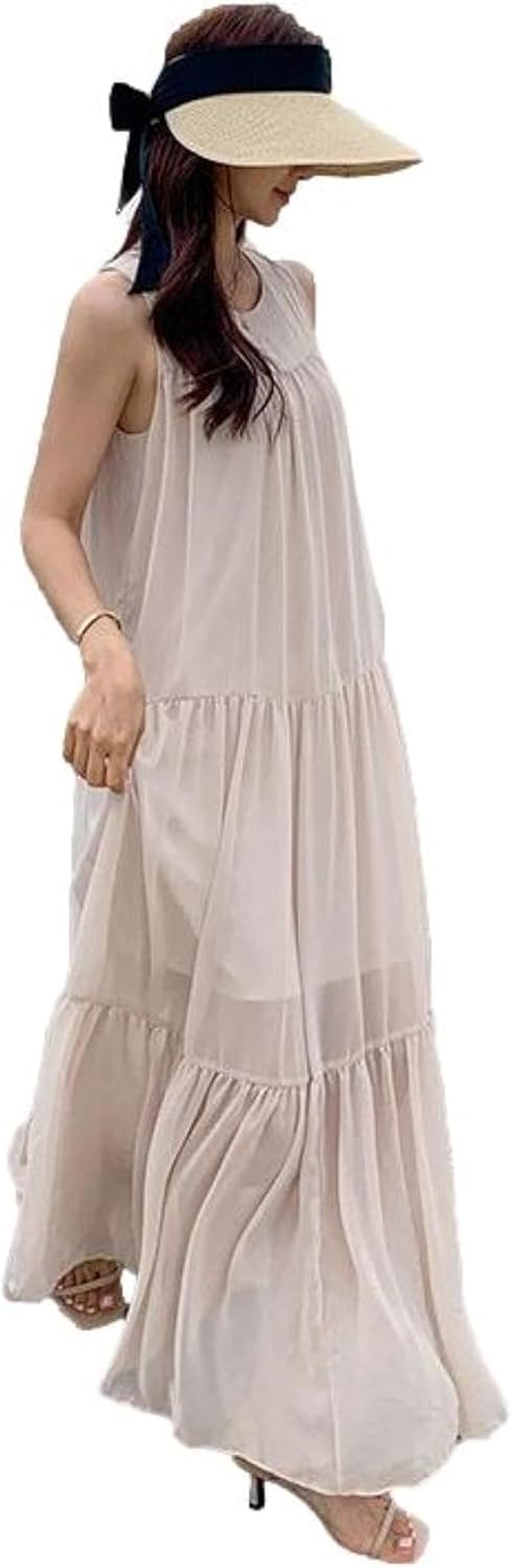 Blue beryl BB045 Women’s Long Tiered Sleeveless Round Neck A-Line Chiffon Lining Dress