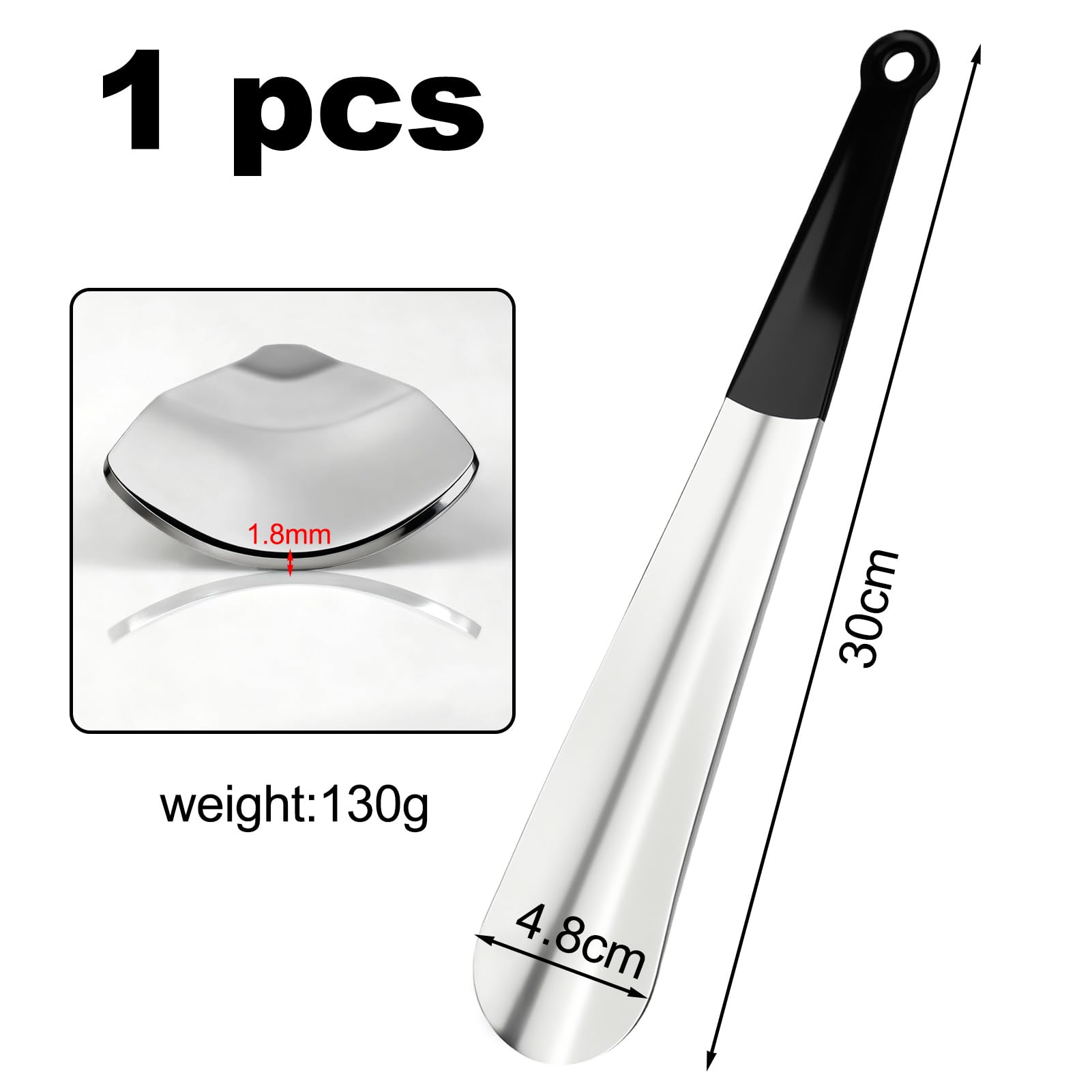 Calzador de Acero Inoxidable 30cm Metalico Largo para Zapatos con Orificios Colgar Ergonómico 1,8mm Espesor Plata
