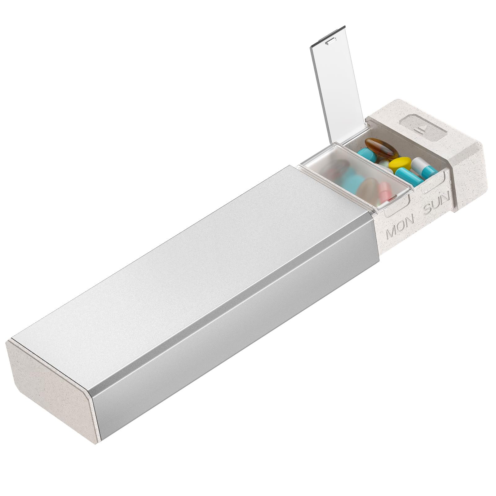 HEIYING Organisateur de Pilules pour 7 Jours – Coque en Aluminium, Compartiments pour une Semaine, Boîtier Métallique Portable pour Vitamines, Médicaments et Compléments Alimentaires