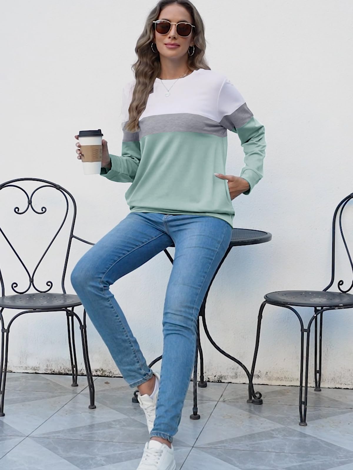 Eniloyal Sweatshirt Damen Pullover Langarmshirt ohne Kapuze Pulli Rundhals Baumwolle Sweater Oberteile mit Taschen Lässige