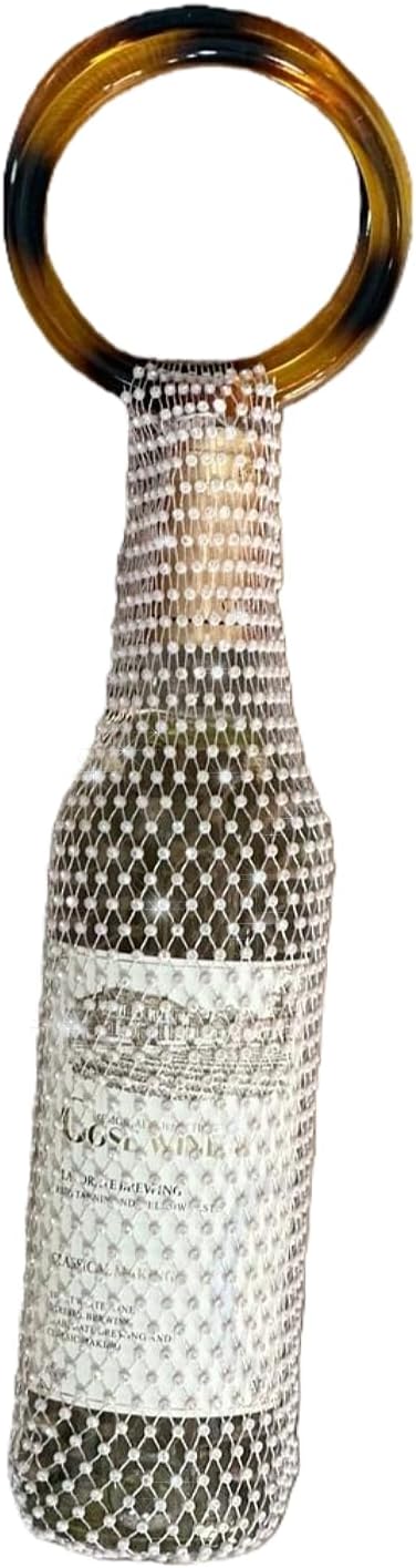Munyee Hua Rhinestone Wine Bottle Holder Bag Reusable Tote Carrier Crystal Mesh Evening Purse with Ring Handle Gift Bags Carrier for Birthday Picnic Party Wedding (Brown Handle White Rhinestone)