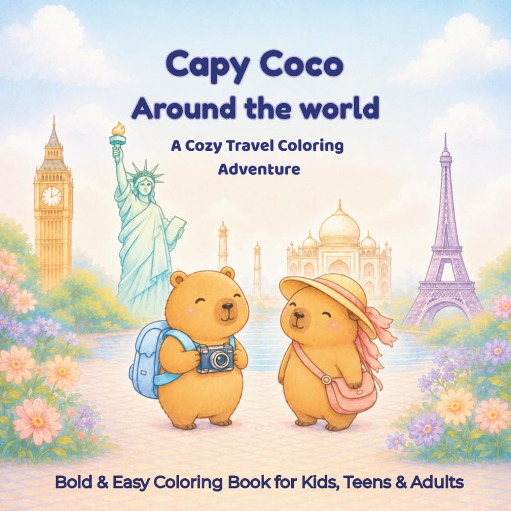 Capy Coco Around the World: A Cozy, Bold & Easy Travel Coloring Book with Cute Capybara Adventures for Kids, Teens & Adults
