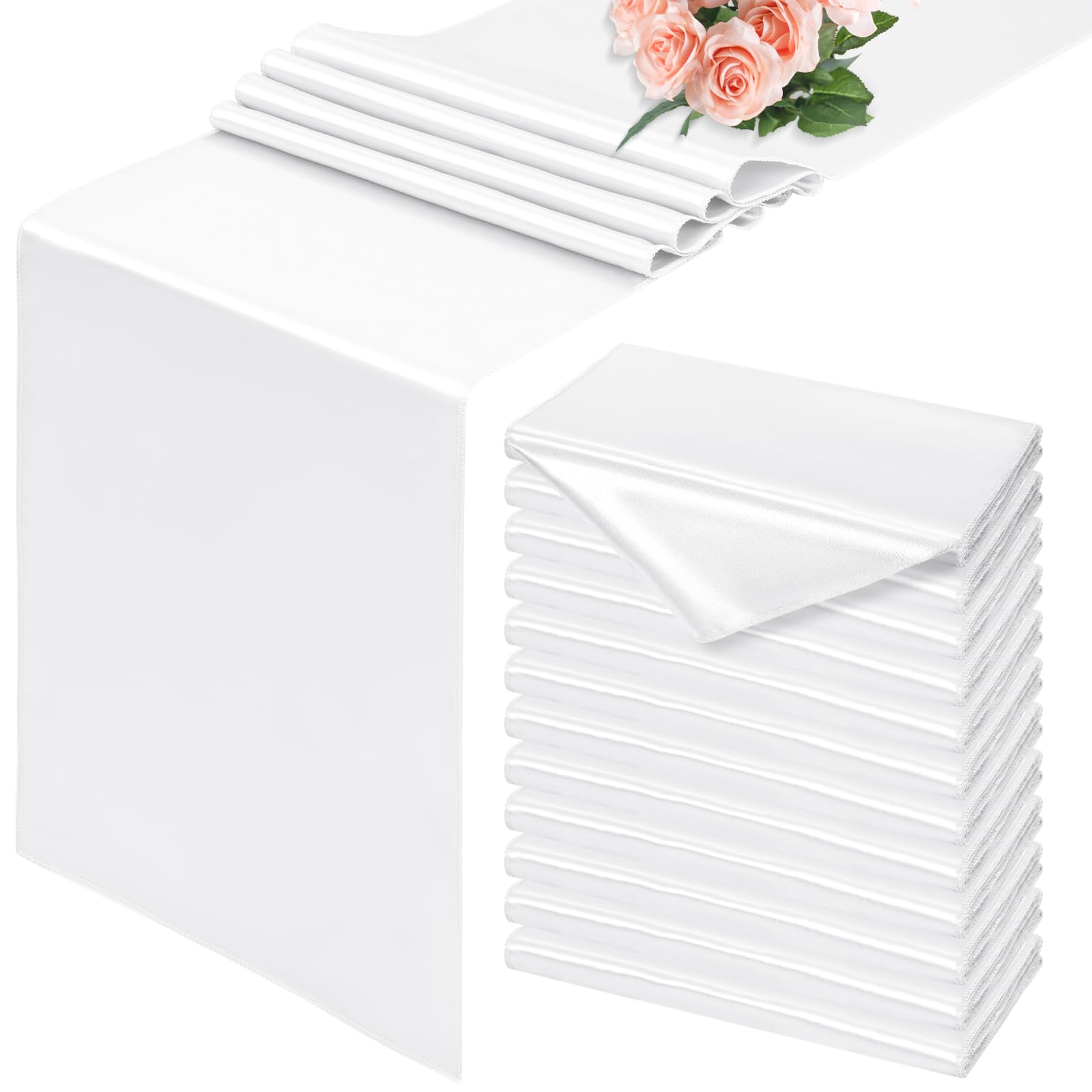 12 Pack White Satin Table Runner, 30 x 183 CM Smooth Silk Table Runner for dining Table, White Table Runner for Wedding, Party, Banquet, Events, Graduations, Engagements and Home