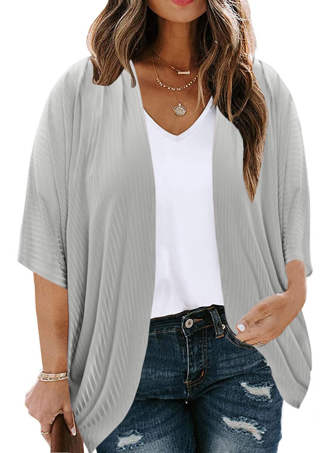 EytinoPlus Size Cardigan for Women Half Sleeve Ruched Kimono Loose Casual Solid Blouse Tops(1X-5X), Gray, 4X