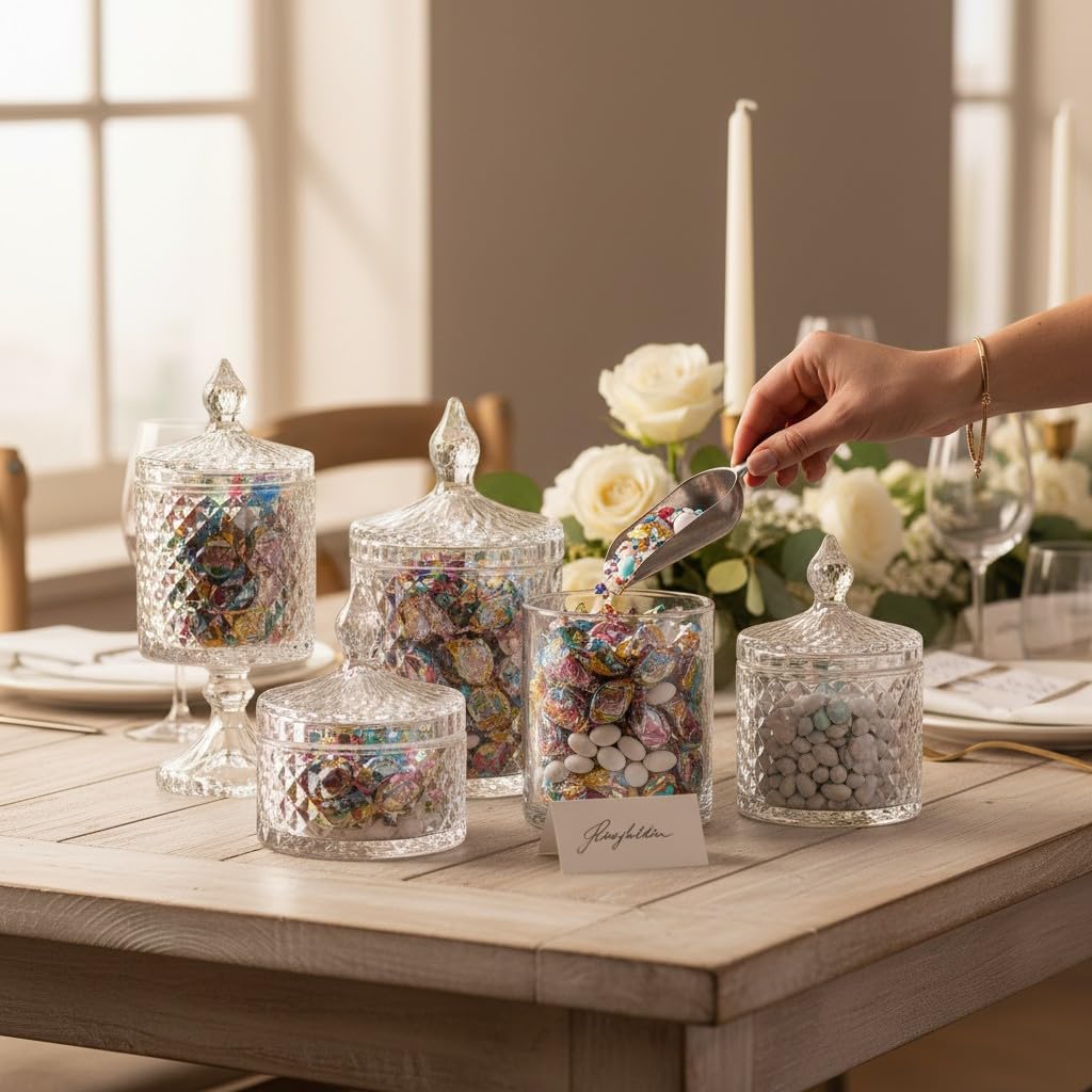 Set 5 Potiche Modello Venus in Vetro, Porta Confetti per Matrimoni, Comunione e Cresima
