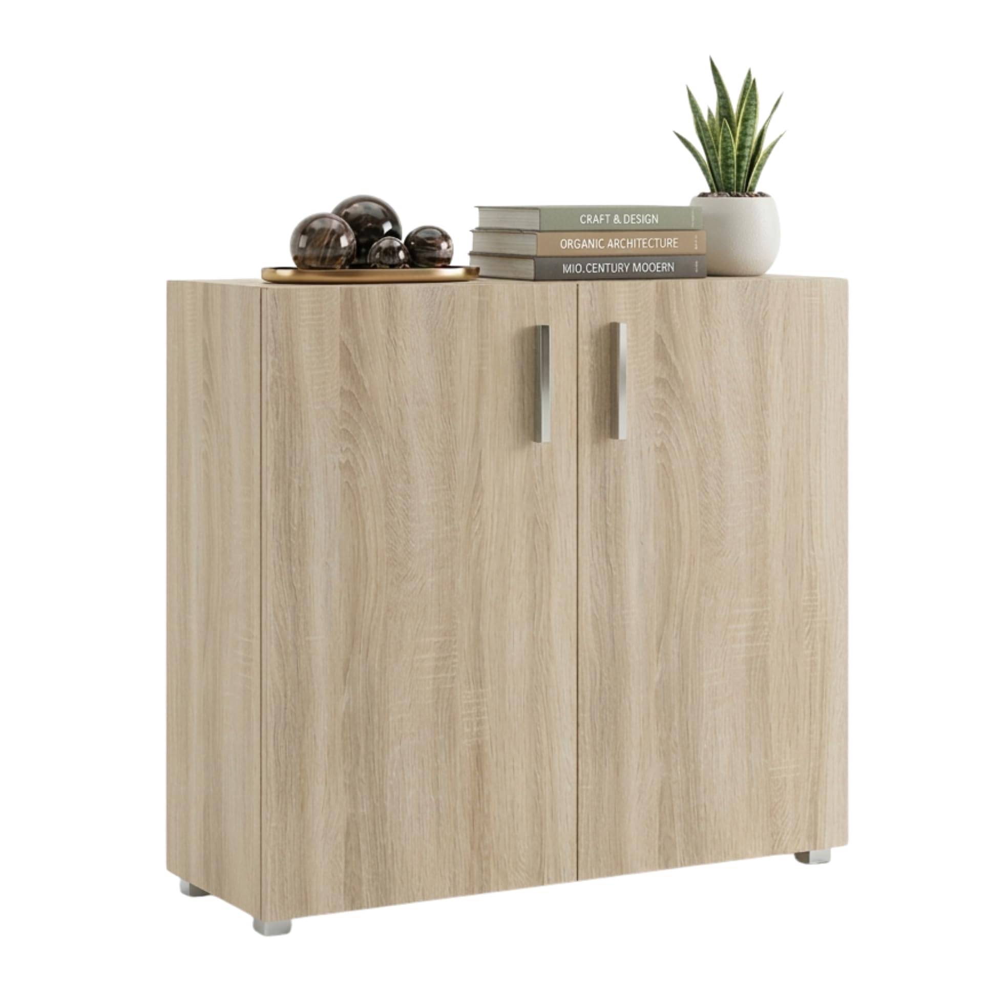 CASARIA Oak Look Vela Bookshelf | with 2 Doors 2 Compartments | 77 x 60 x 30 cm | Modern Side Cabinet | Bookcase | Wooden | Storage Unit โ image 1