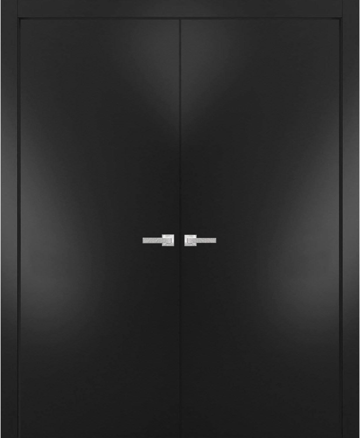 SARTODOORS French Frosted Glass Opaque Glass 48 x 84 | Planum 0010 Black Matte | Frames Trims Satin Nickel Hardware | Modern Bedroom Pre-Hung Solid Core Pine Wooden Doors