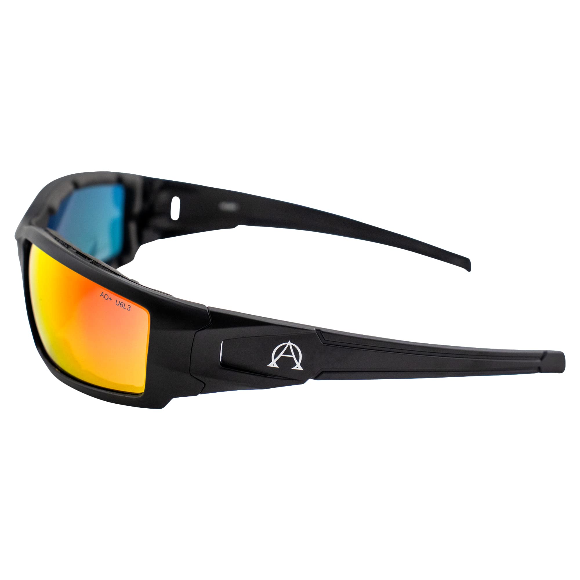 Alpha Omega 5 occhiali da sole da moto imbottiti in schiuma Z87.1 occhiali di sicurezza per uomo o donna montatura nera lenti a specchio rosse