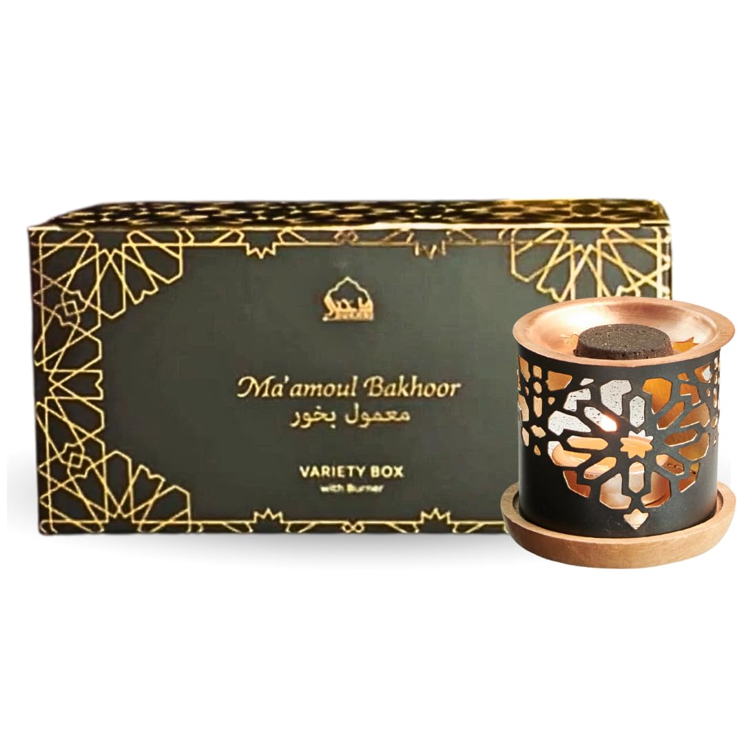 Maamoul Bakhoor Variety Box & Burner by Dukhni | Discovery Kit, Gift Set, Diwali Décor & Festive Gift | Authentic Assorted Oud Incense | 10 pcs Bakhoor | Ideal Diwali Gift for Family