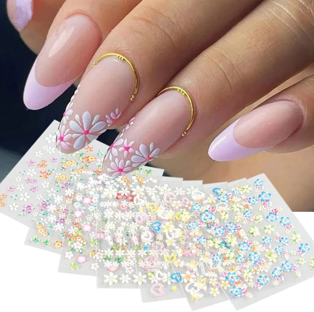 30 Sheets Colorful Flower Nail Art Stickers 3D Self-Adhesive Flower Nail Decals Daisy Bow Stickers with Rhinestones Nail Designs 3D Nail Decals Nail Art Supplies for Nails Decorations