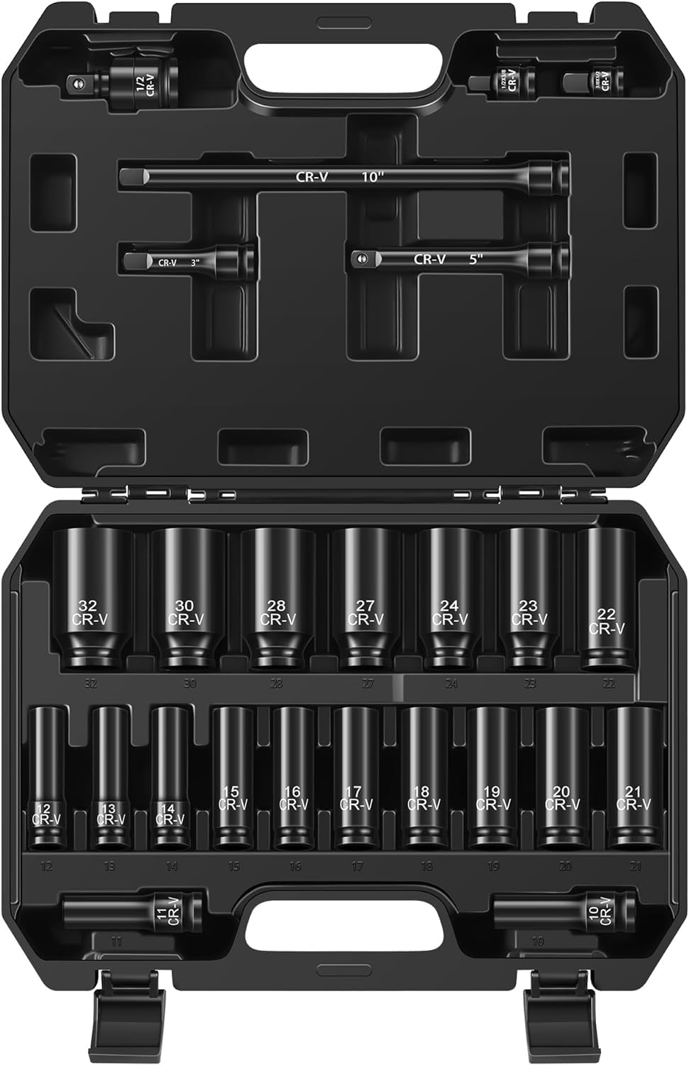 Aloanes 25 bussole da 1/2", metriche (10 mm-32 mm), boccole profonde, riduttore da 1/2" F a 3/8", riduttore da 3/8" F a 1/2", guarnizione universale, barre di estensione, 6 punti, Cr-V