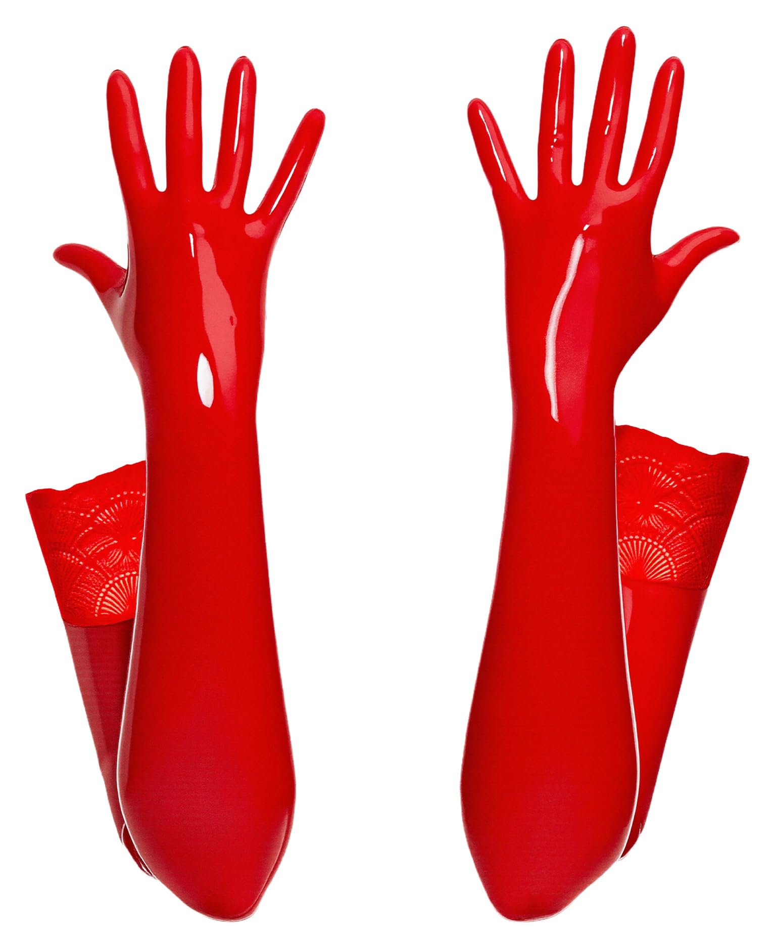 Maeau Women Faux Leather Gloves Wet Look Long Gloves Lace Stretchy S Red