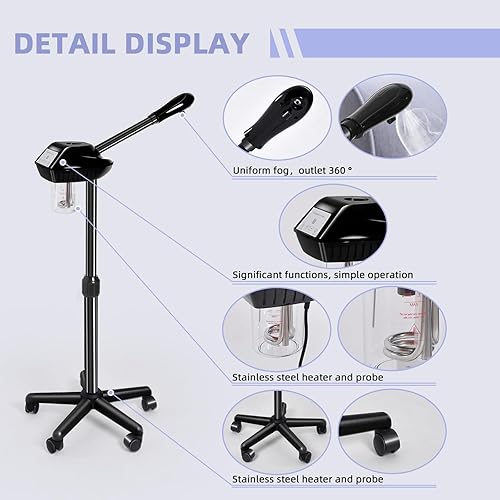 Miniatura 7 de Vaporizador facial, vaporizador facial sobre ruedas con más vapor, altura ajustable para vaporizador facial adecuado para el hogar personal y