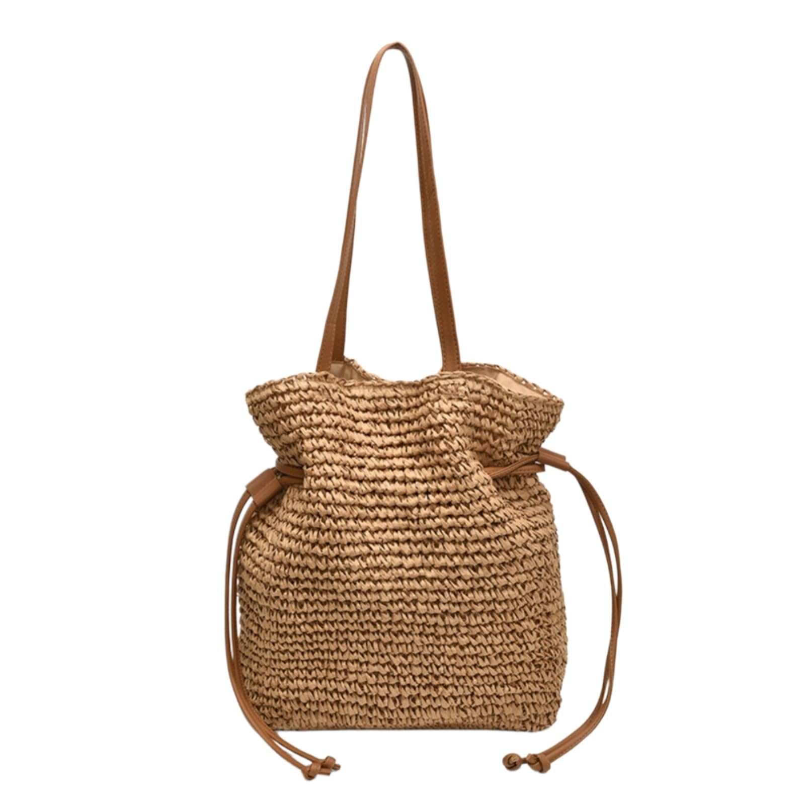 Ebzfaso Camel Straw Drawstring Shoulder Bag
