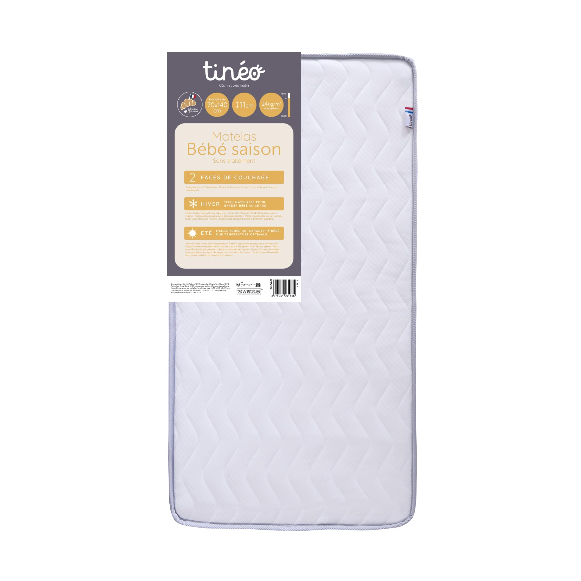 Tinéo - Matelas Bébé Saison 70x140x11cm - Matelas Bébé - Saison - 1 Face Été - 1 Face Hiver - sans Traitement - Densité 20 kg/m3 - Fabriqué en France