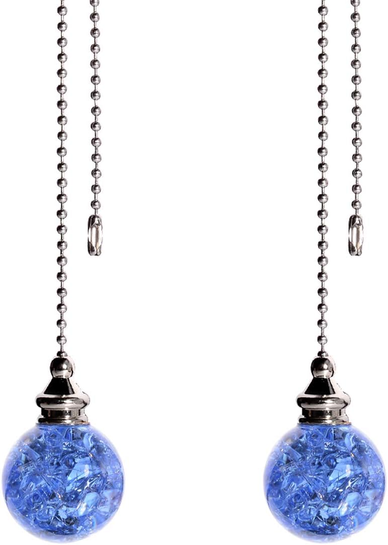 2PCS Blue Pull Chain Crystal Glass Ice Cracked Ball Pull Chain for Ceiling Fan Light Decoration 50cm Extension Chain - - 