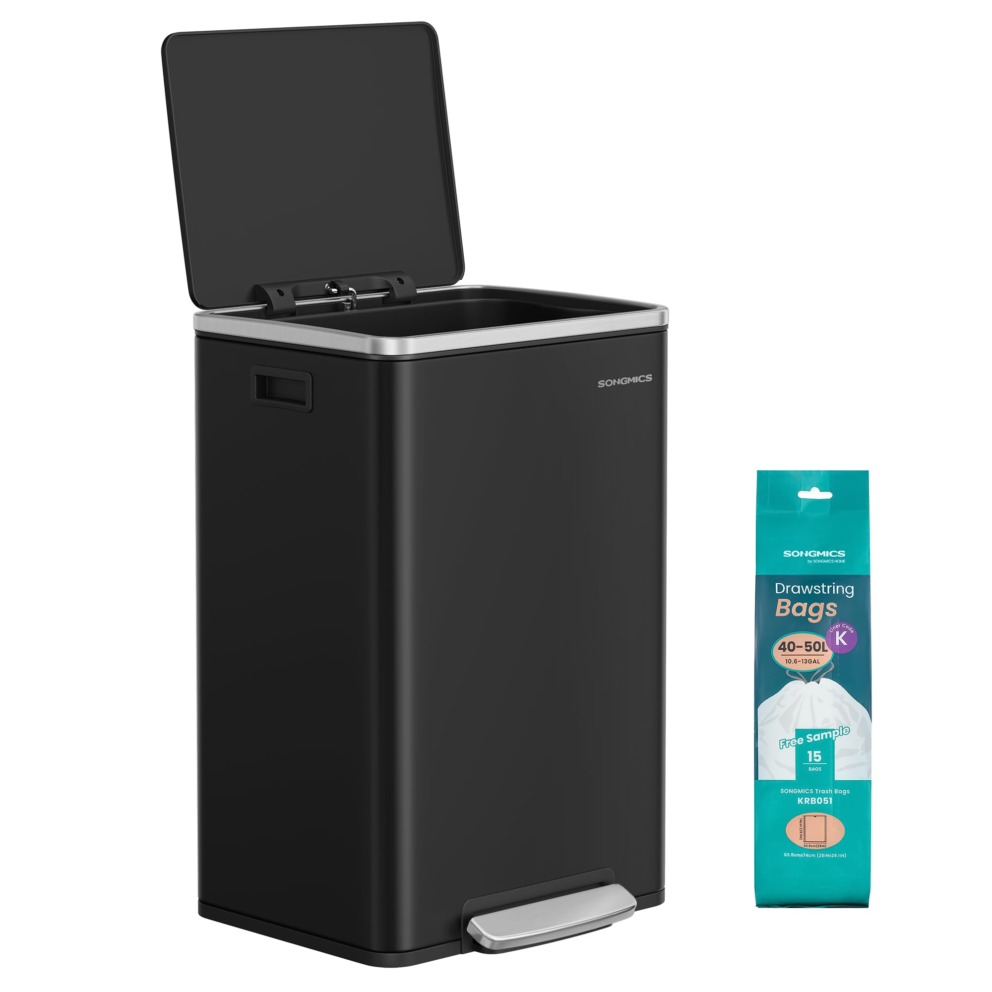 SONGMICS Mülleimer 50 L, 15 Müllsäcke, Stahl, herausnehmbarer Inneneimer aus Kunststoff, mit Deckel, Griffe, Softclose, tintenschwarz LTB595B02