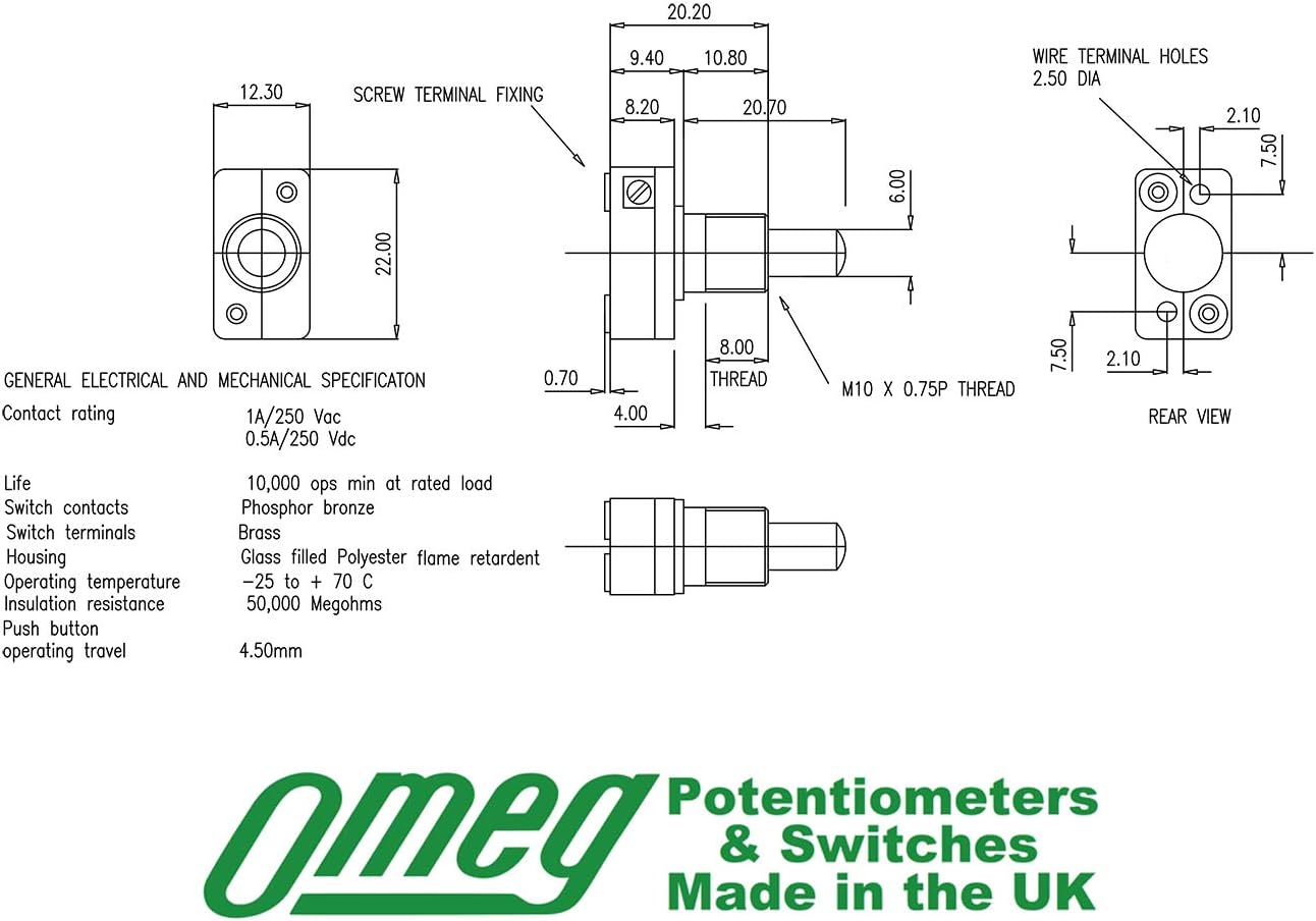 Omeg B1OORLW Push Button Switch, On/Off, Castelco Brand, 1 Amp 250 Vac, White
