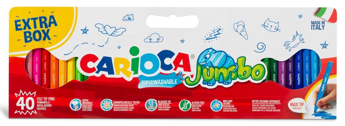 Carioca Jumbo Broad Tip Markers | Maxi Pack of 1/2 Metre with 40 Superwashable Markers with Great Coverage | Maxi Octagonal Body | Assorted Colours | Tip Ø 6mm | 40 Pieces