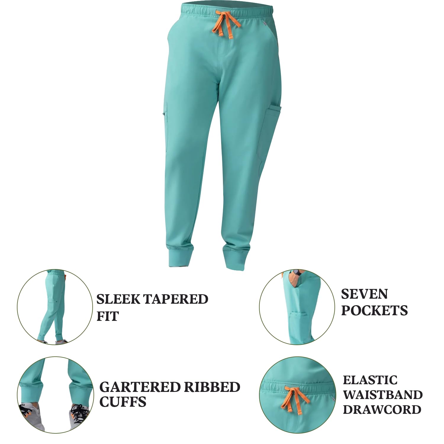 Molave Koa Men’s Jogger Scrub Pants - Comfort Slim Fit Healthcare Pants with 7 Pockets - Moisture Wicking, Elastic Waistband with Adjustable Drawcord - Surgical Green, XS