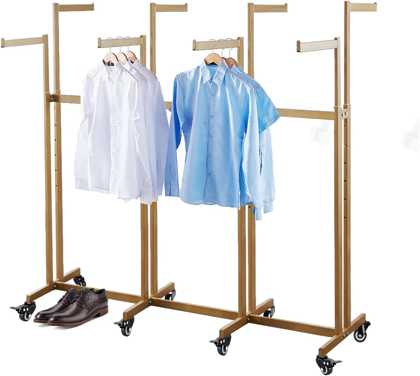 Floor Standing Metal Garment Rack - Heavy Retail Display Racks With Wheels, 6 Arms Clothing Rack, Square Tubing Portable Shirt Rack, Merchandise Display RackFor Hanging Clothes (L-gold)