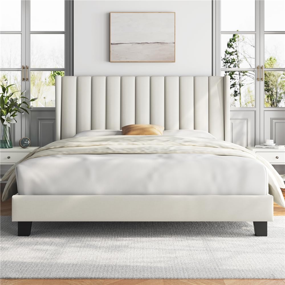 Cama tapizada 160 x 200 cm Cabecero a Rayas con Alas Láminas de Madera y Metal Beige