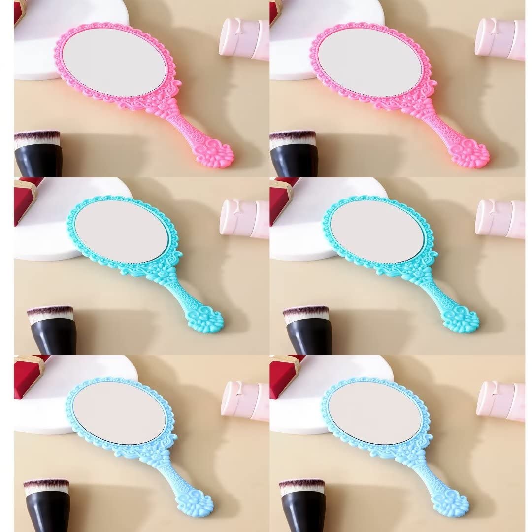6 PCS Specchio a Mano Vintage Con Manico - Portatile per Capelli (Rosa, Verde, Blu)