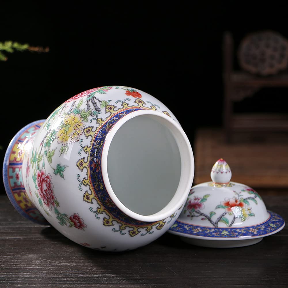Ceramiczny garnek do imbiru z pokrywką do dekoracji domu, tradycyjny chiński naczynie świątynne z motywami kwiatów i ptaków, ręcznie wykonany wazon porcelanowy z Jin(A)