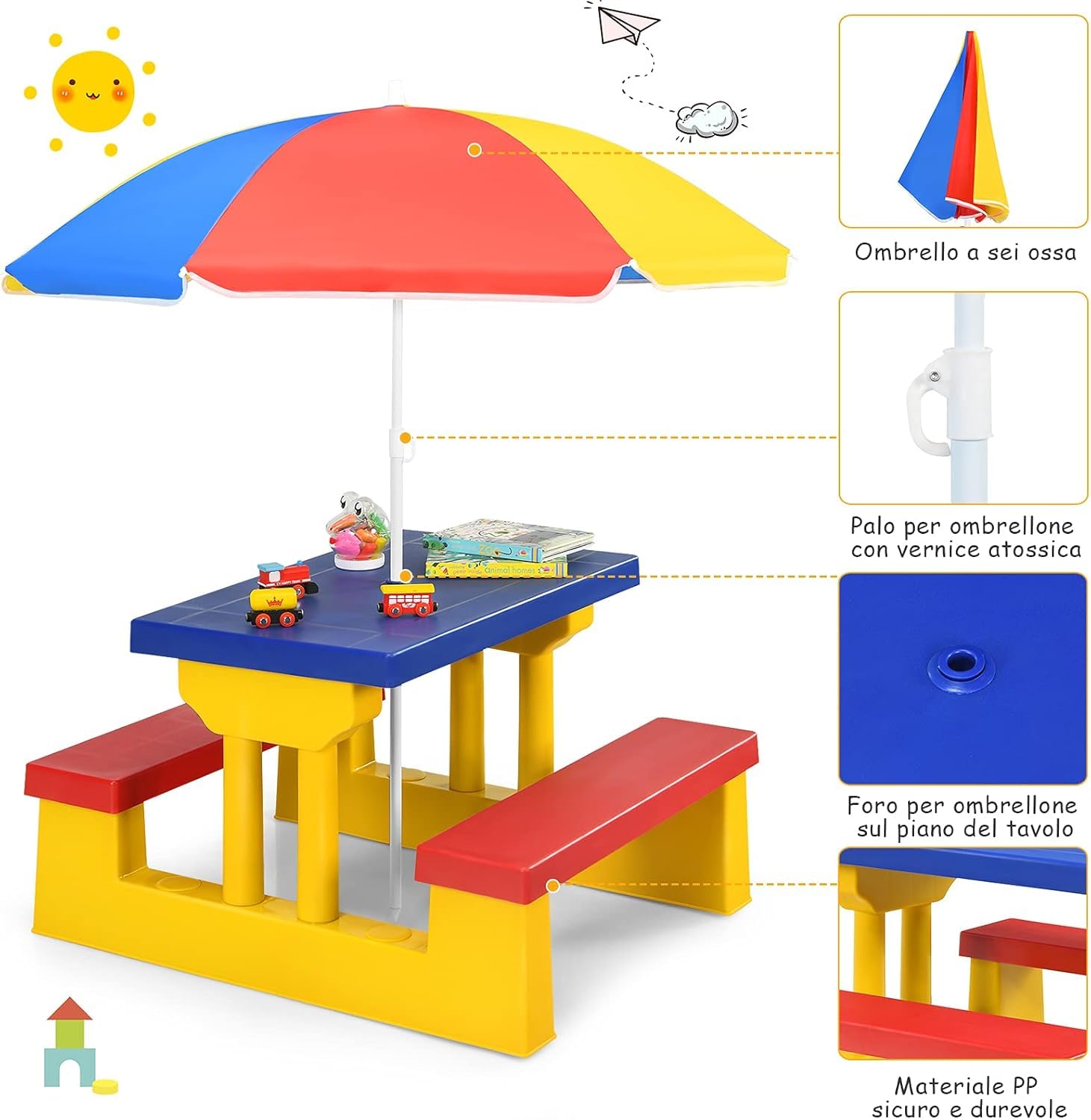 COSTWAY Tavolo da Picnic per Bambini con Parasole Pieghevole, Set di Tavolo e Panche per Festa e Picnic (Colore 1)