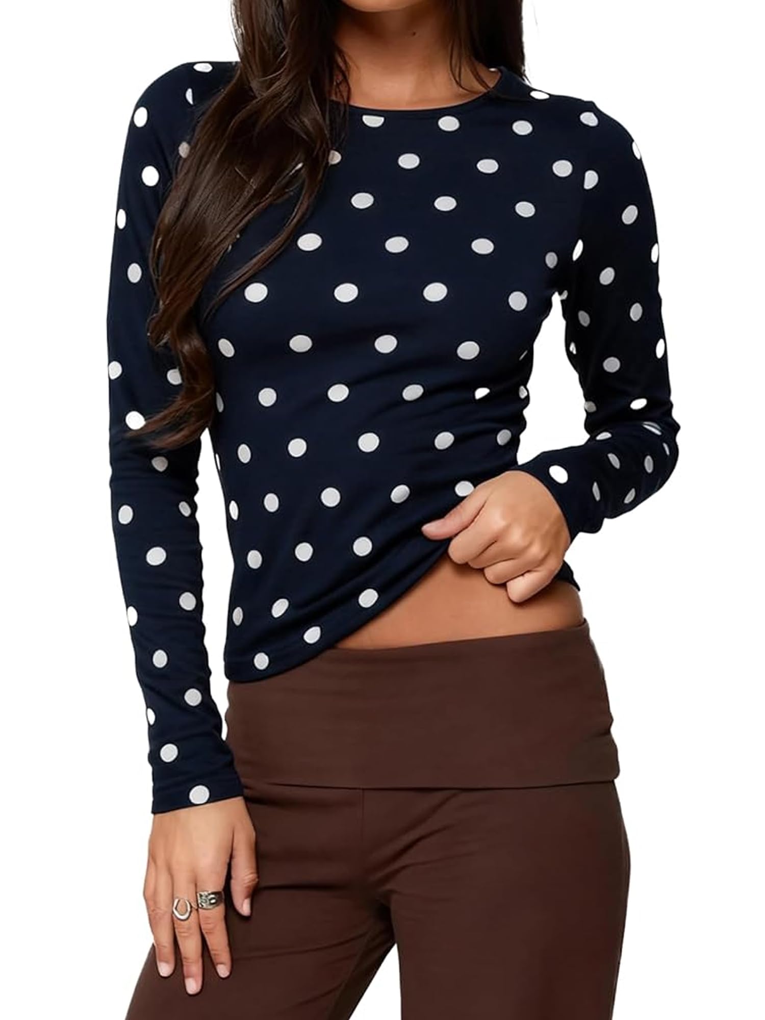 Women's Trendy Polka Dot Top Stretchy Slim Fit Basic Long Sleeve T Shirt Casual Going Out Crop Tops Streetwear (A-Dark Blue, S)