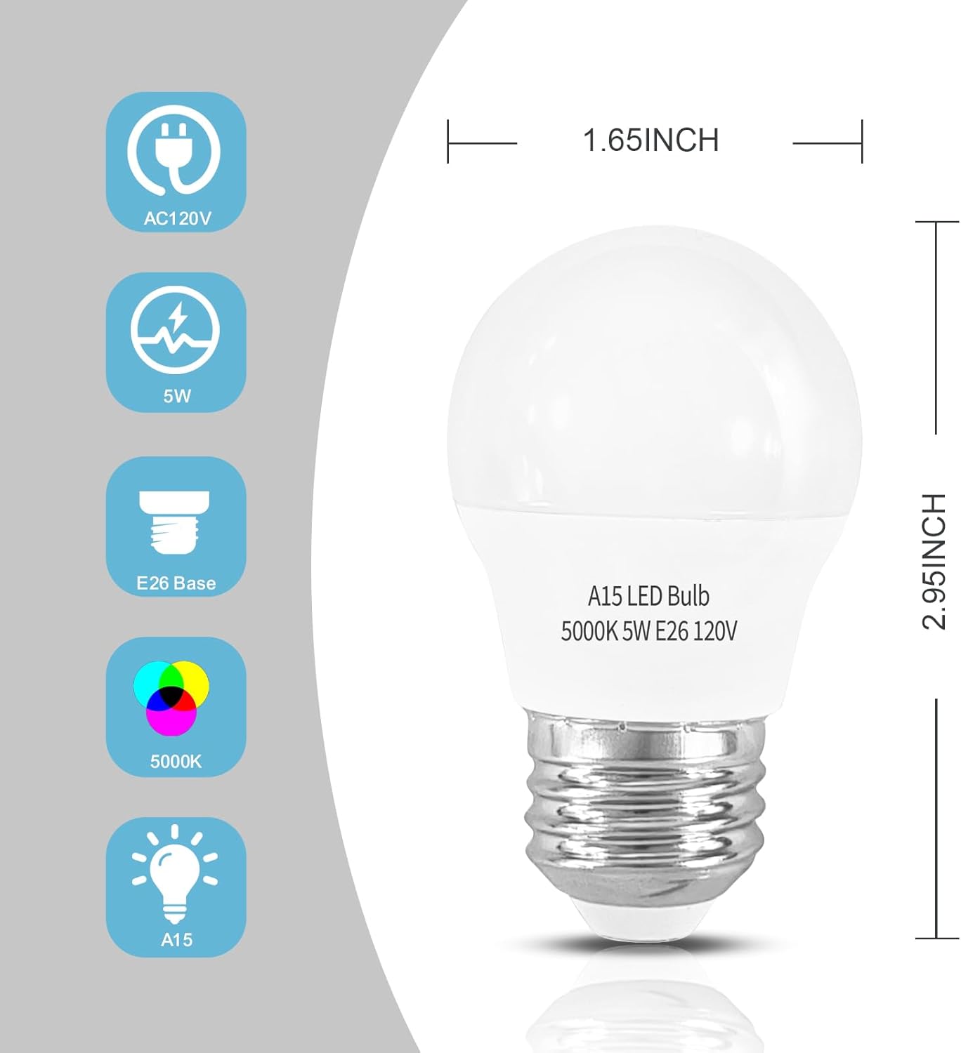LED Refrigerator Light Bulb 2 Pack，Daylight White 5000K 120V 40W Equivalent Appliance Bulb，A15 5W E26 Base Waterproof Fridge Light Bulbs for Freezer Home Lighting,Small Light Bulb,Dimmable
