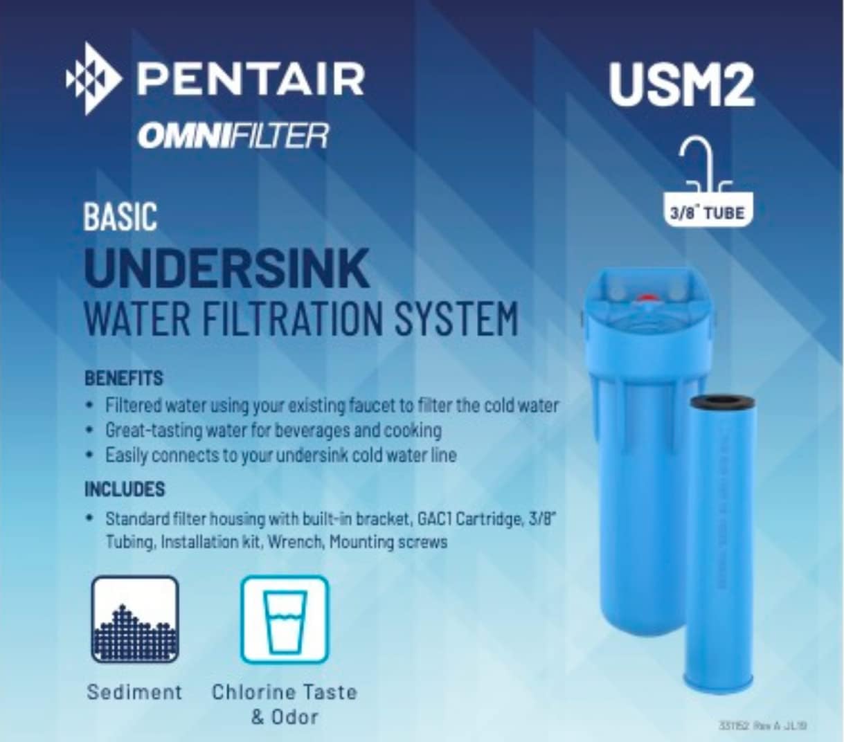Pentair OMNIFilter USM2 Water Filtration System, 10" Basic Single-Stage Under Sink Filter System, Includes Housing with Bracket and Pressure Relief, GAC1 Carbon Cartridge, Tubing and Wrench, 20 Micron