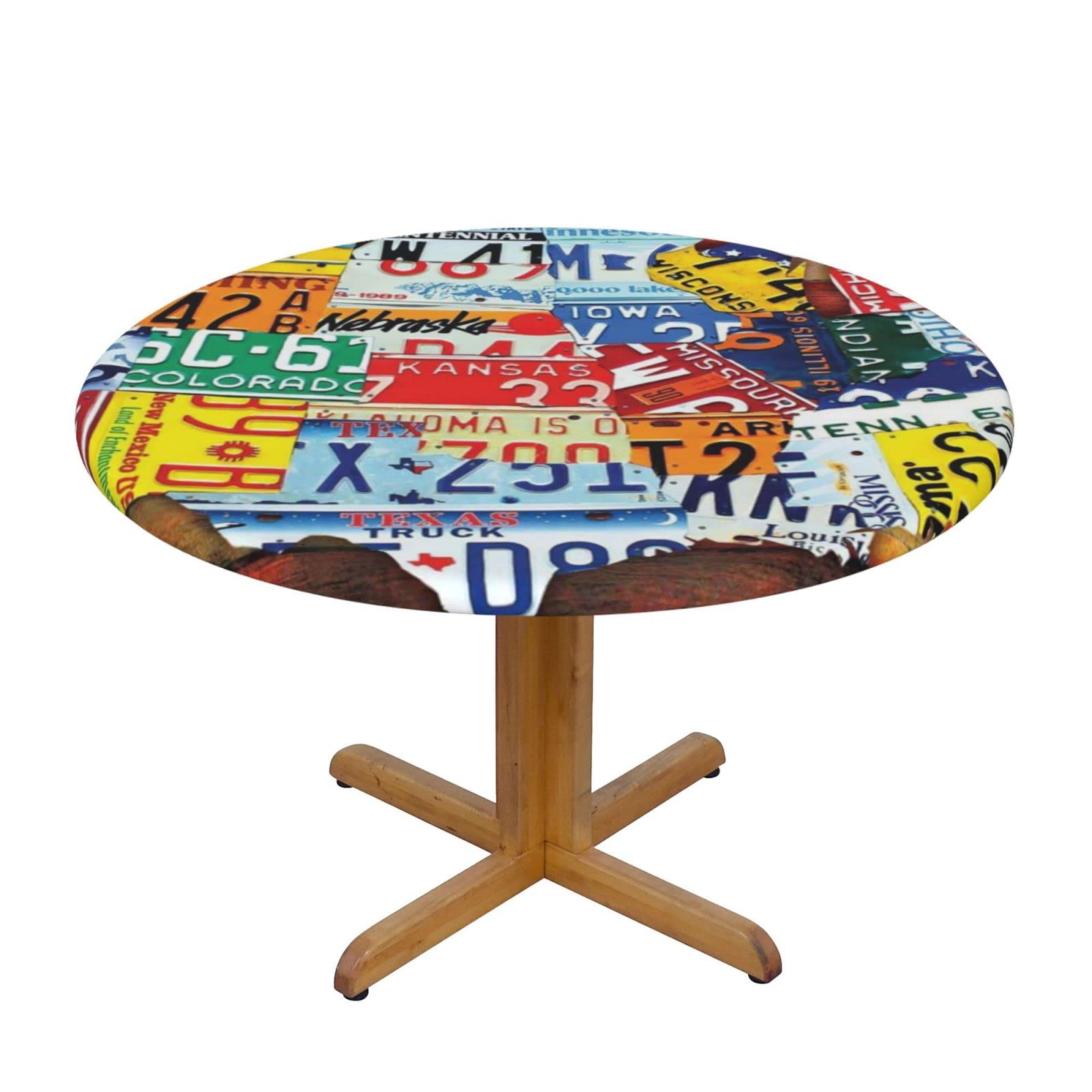 Lsjuee Round Fitted Tablecloth 40-44in Elastic Edged Table Cloth for Kitchen Dining Party Home Decor - Vintage United States Flag Map License Plate