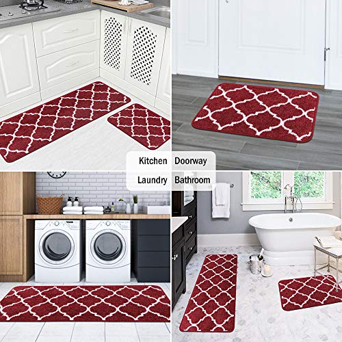 Carvapet 2 Pieces Microfiber Moroccan Trellis Non-Slip Soft Kitchen Mat Bath Rug Doormat Runner Carpet Set, 17"X48"+17"X24", Red #TOP3