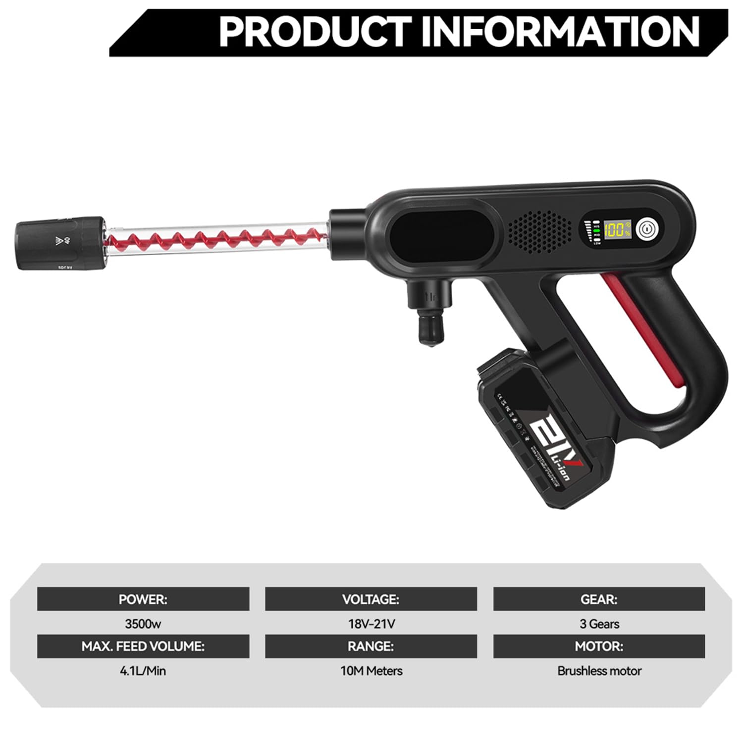 Bezprzewodowa myjka wysokociśnieniowa, 220 barów, elektryczny pistolet na wodę 3500 W, bezszczotkowy silnik, 3 prędkości, 2 baterie 18 V, wąż 5 m, dysza 5 w 1, mycie samochodu na taras w