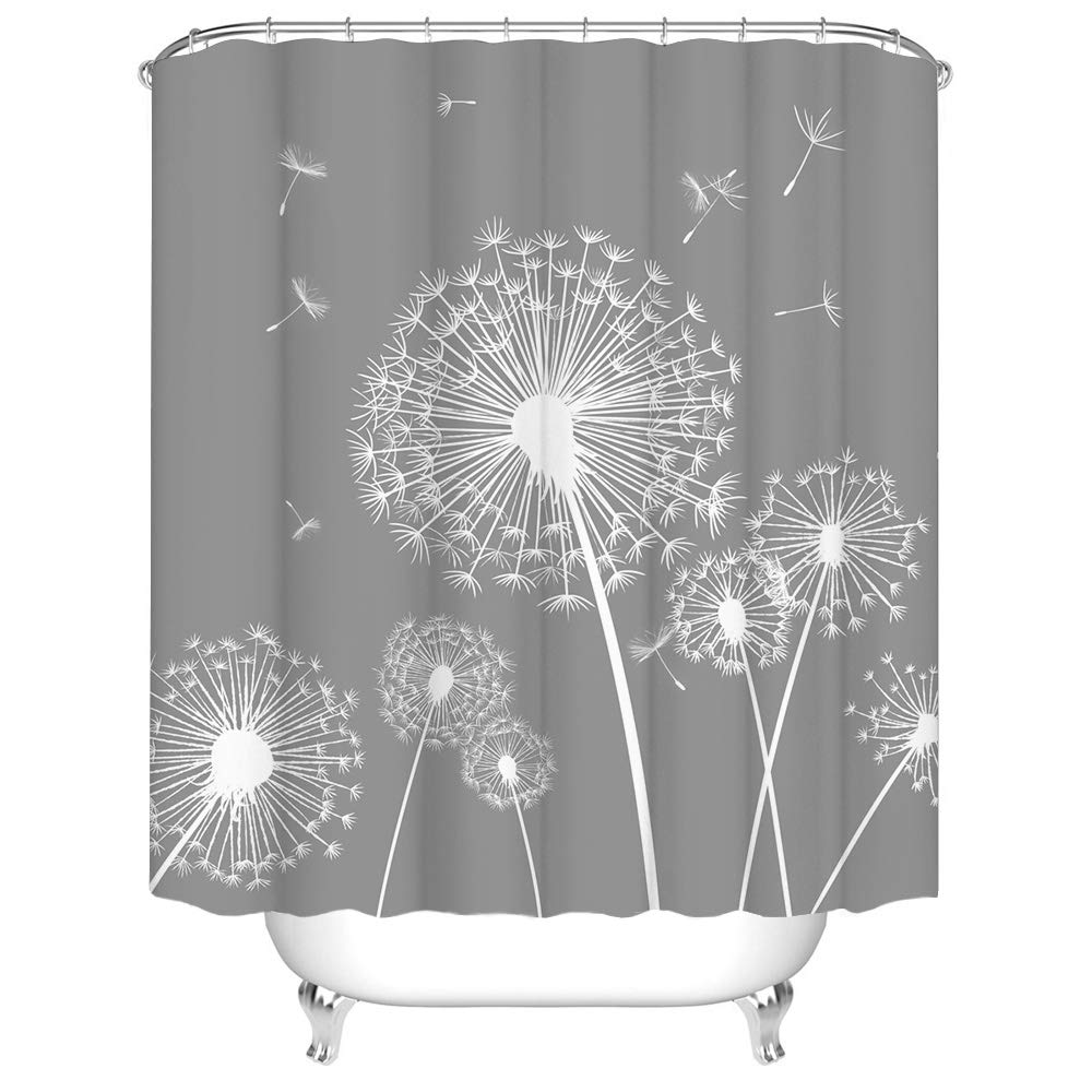 RnnJoile Dandelion Shower Curtain Grey and White Shower Curtain for Bathroom Decor Fabric Cloth Include Hooks 72x72 Inch