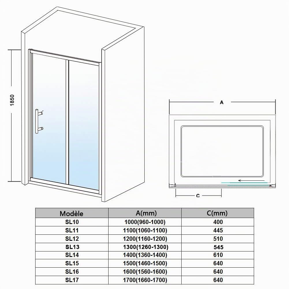 SIRHONA Porte de douche 110x 185 cm coulissante Porte douche extensible Paroi en niche verre trempé pour douche, profilés aspect chromé Cabine de douche coulissante