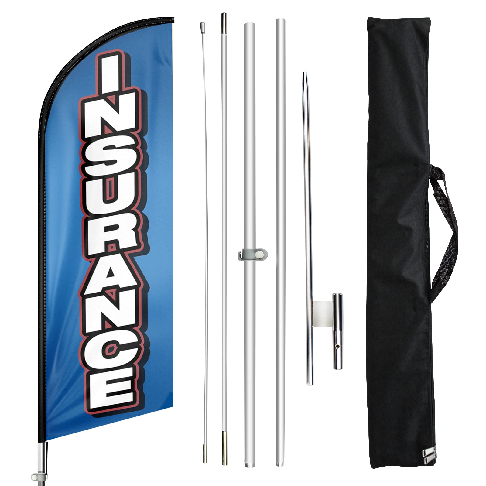 Bandera de seguro, banderas de seguro con kit de poste de 11 pies, bandera de seguro con juego de poste para negocios, bandera de plumas publicitarias para negocios de seguros, azul