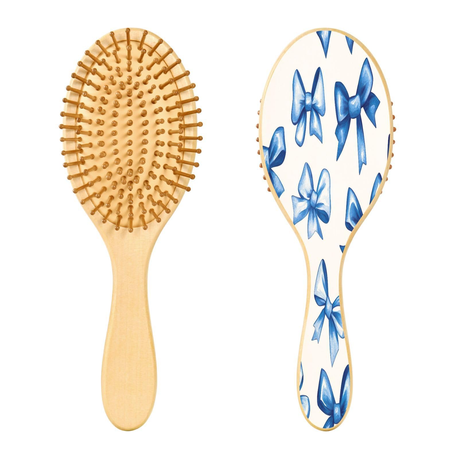 YEGAME Blue Bow Wooden Hair Brush with Ergonomic Wooden Paddle,Growth Detangling Hair Brush for Thick/Thin/Curly/Dry Hair, Massage Scalp Hairbrush for