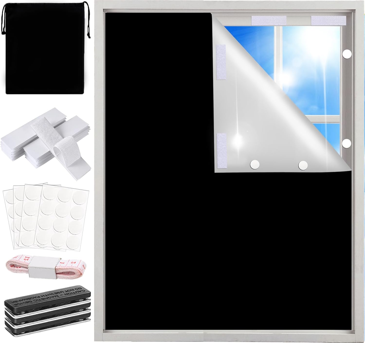 100% Blackout Shades Curtains for Bedroom 57x 79Inch,No Drill Portable DIY Cut Window Cover for Baby Nursery,RV,Media Room,Removable Black Out Blinds,Hook Loop Tape Straps Stickers,Magnetic Clips Black 57"W x 79"H