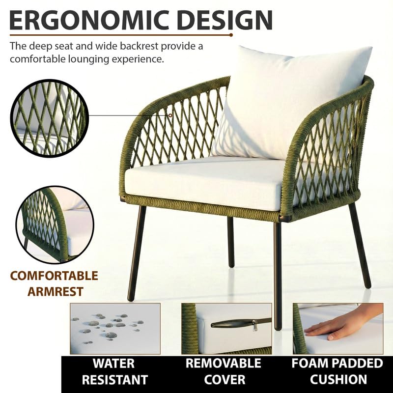 Image of OUTLIVING Braid Rope & Metal Frame Outdoor 4-Seater Sofa Set with Tempered Glass Top Center Table, Water-Repellent Cushions & Handwoven Design for Patio, Garden and Balcony (Green and White)