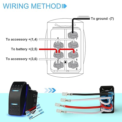 Miniatura 5 de Interruptor basculante impermeable de encendido y apagado de 12 V20 A 24 V10 A 7 pines DPDT luz LED azul, con cables de puente para barco,
